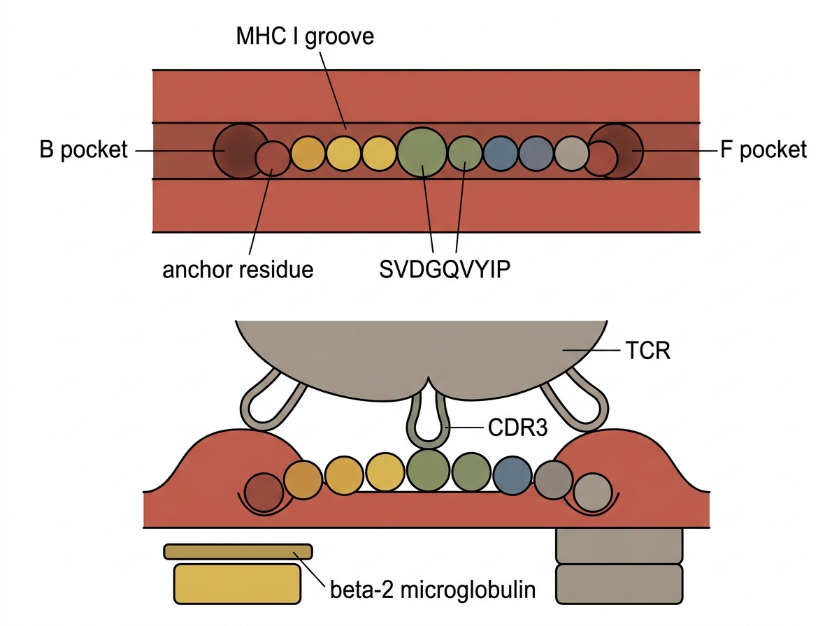 MHC I 결합 홈의 B 포켓과 F 포켓에 앵커 잔기가 닻을 내리고, 그 위로 TCR의 CDR 루프가 가운데 잔기들을 읽는 구조